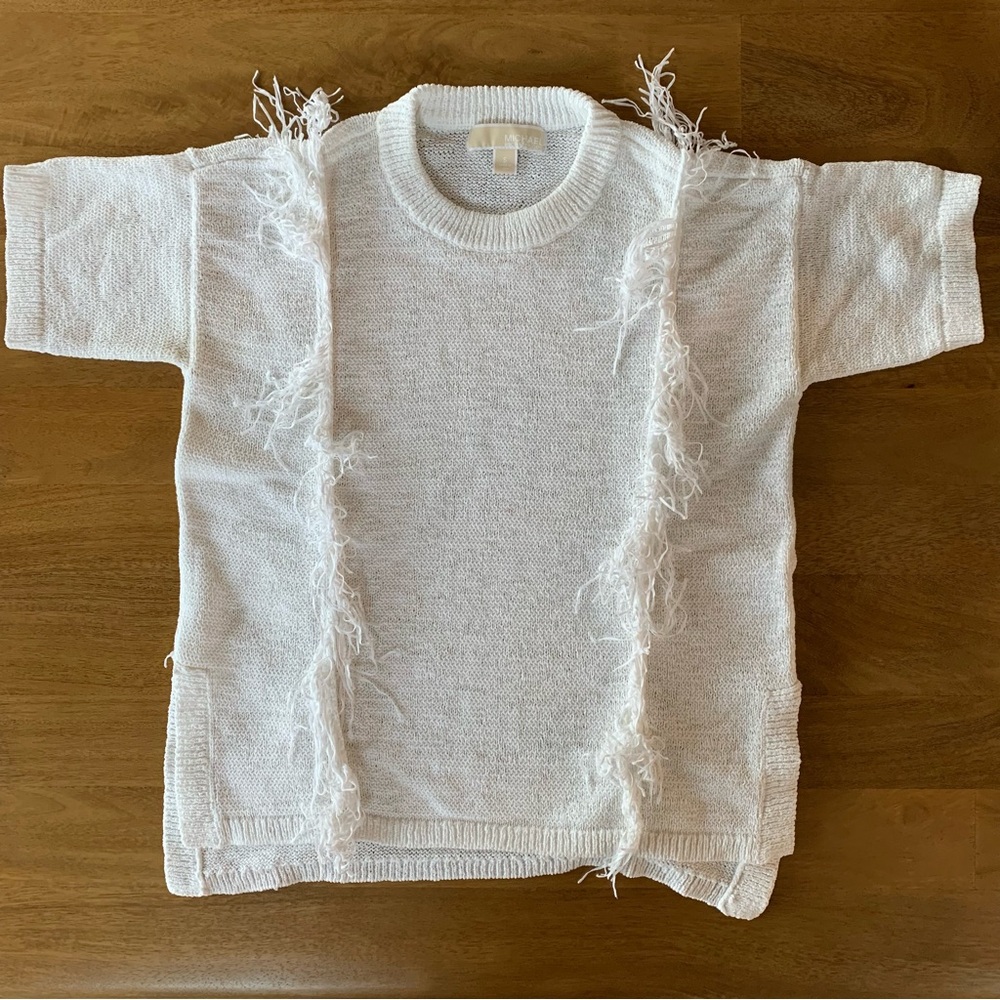 Michael Kors White Fringe Short Sleeve Sweater
